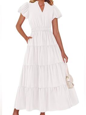 White Tiered Puff Sleeve Maxi Dress